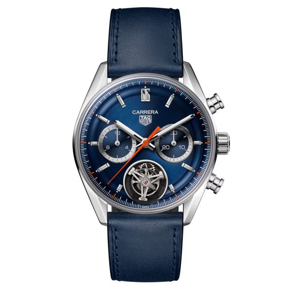 TAG Heuer Carrera Chronograph Tourbillon automatic watch blue dial blue leather strap 42 mm CBS5010.FC6543