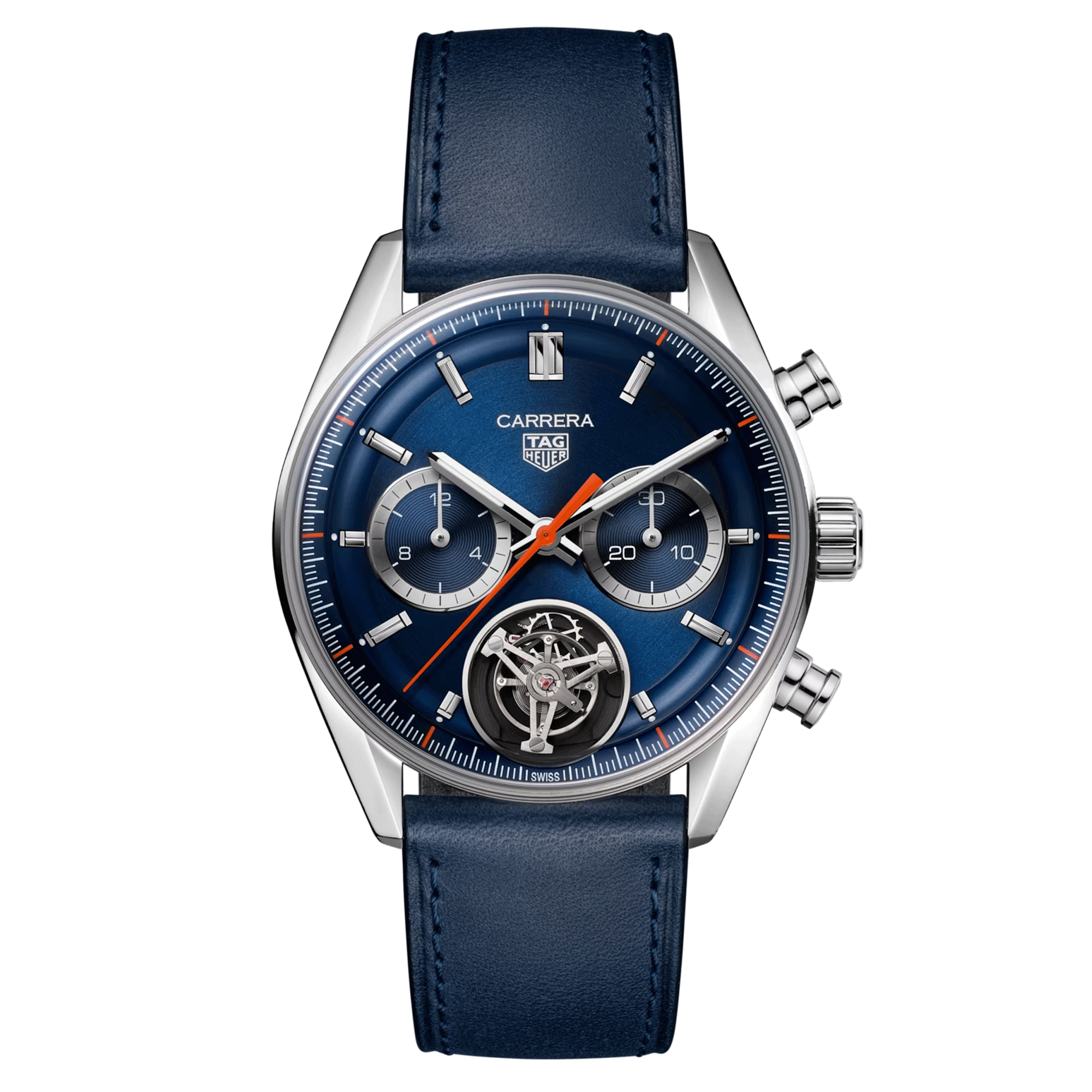 Montre TAG Heuer Carrera Chronograph Tourbillon automatique cadran bleu bracelet cuir bleu 42 mm CBS5010.FC6543