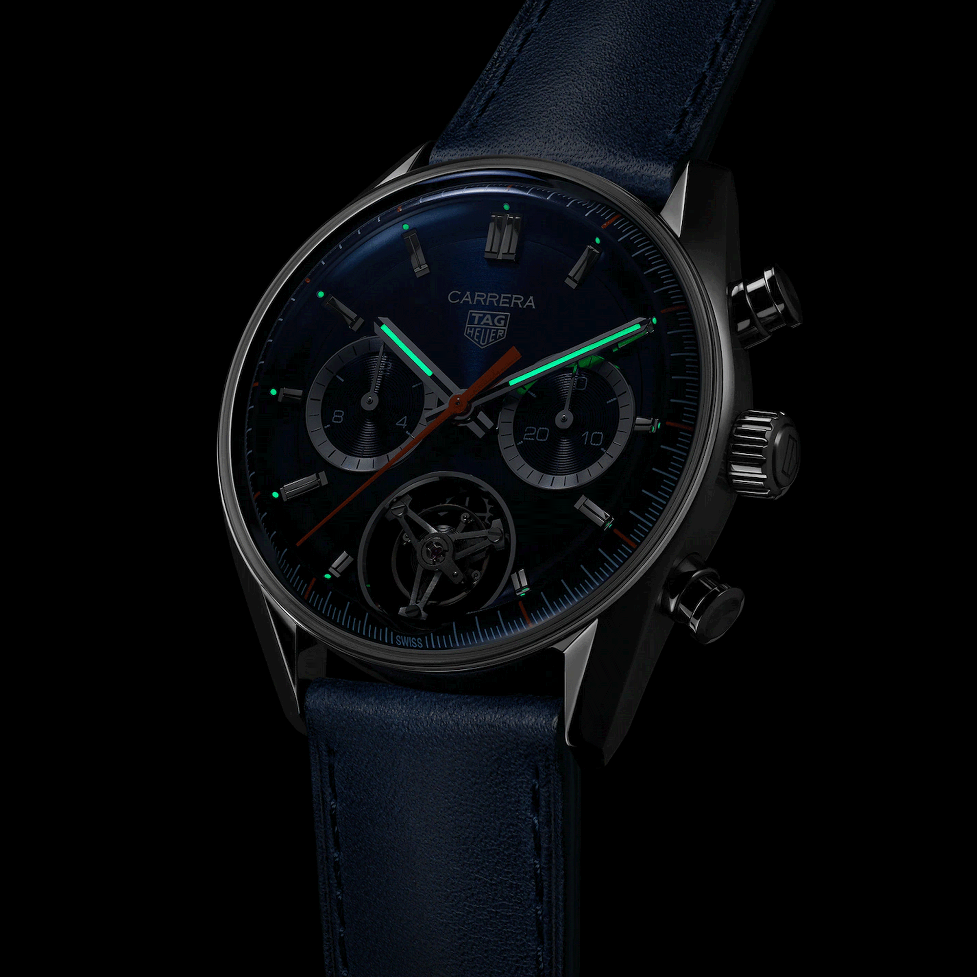 Montre TAG Heuer Carrera Chronograph Tourbillon automatique cadran bleu bracelet cuir bleu 42 mm CBS5010.FC6543