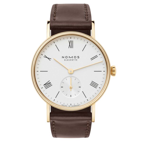 Nomos Ludwig mechanical gold watch silver dial brown leather strap 33 mm