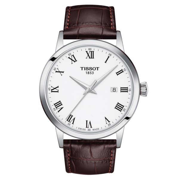 Montre Tissot T-Classic Dream Gent quartz cadran blanc bracelet cuir marron 42 mm T129.410.16.013.00