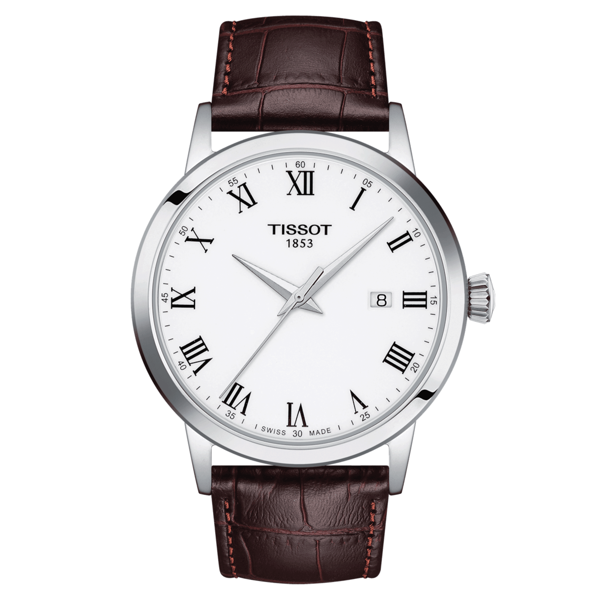 Montre Tissot T-Classic Dream Gent quartz cadran blanc bracelet cuir marron 42 mm T129.410.16.013.00