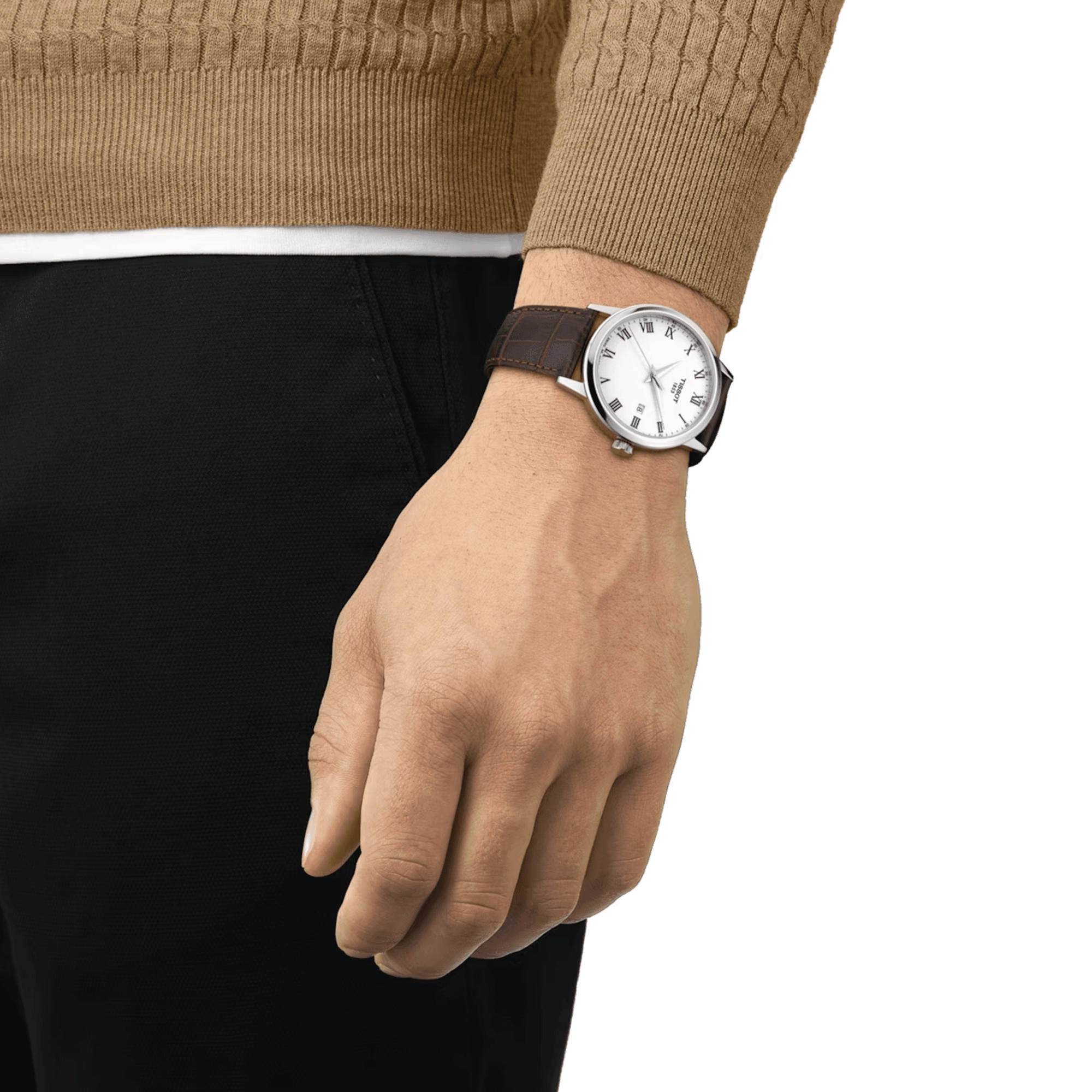 Montre Tissot T-Classic Dream Gent quartz cadran blanc bracelet cuir marron 42 mm T129.410.16.013.00