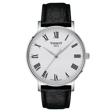 Tissot Everytime quartz watch silver dial black leather strap 40 mm