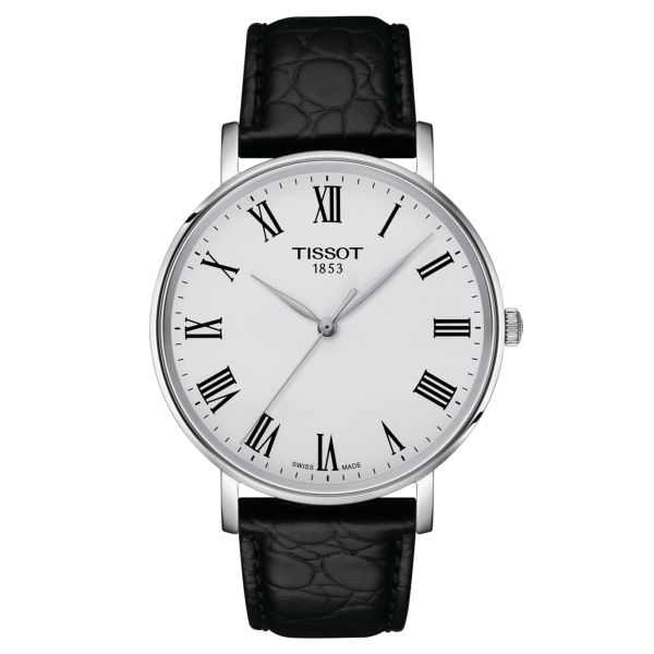 Montre Tissot Everytime quartz cadran argent bracelet cuir noir 40 mm T143.410.16.033.00