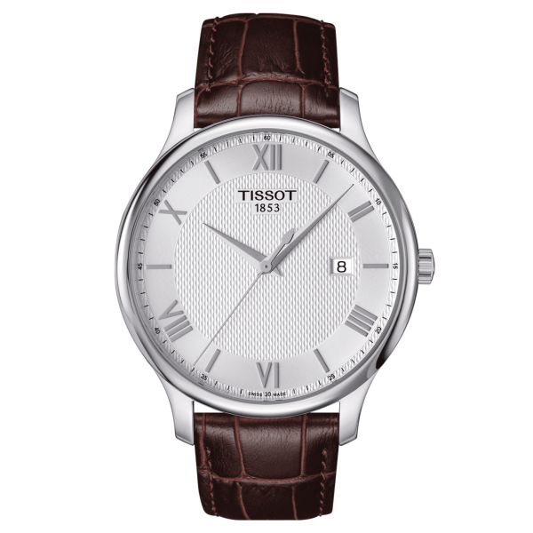 Montre Tissot T-Classic Tradition quartz cadran argent bracelet cuir brun 42 mm T063.610.16.038.00