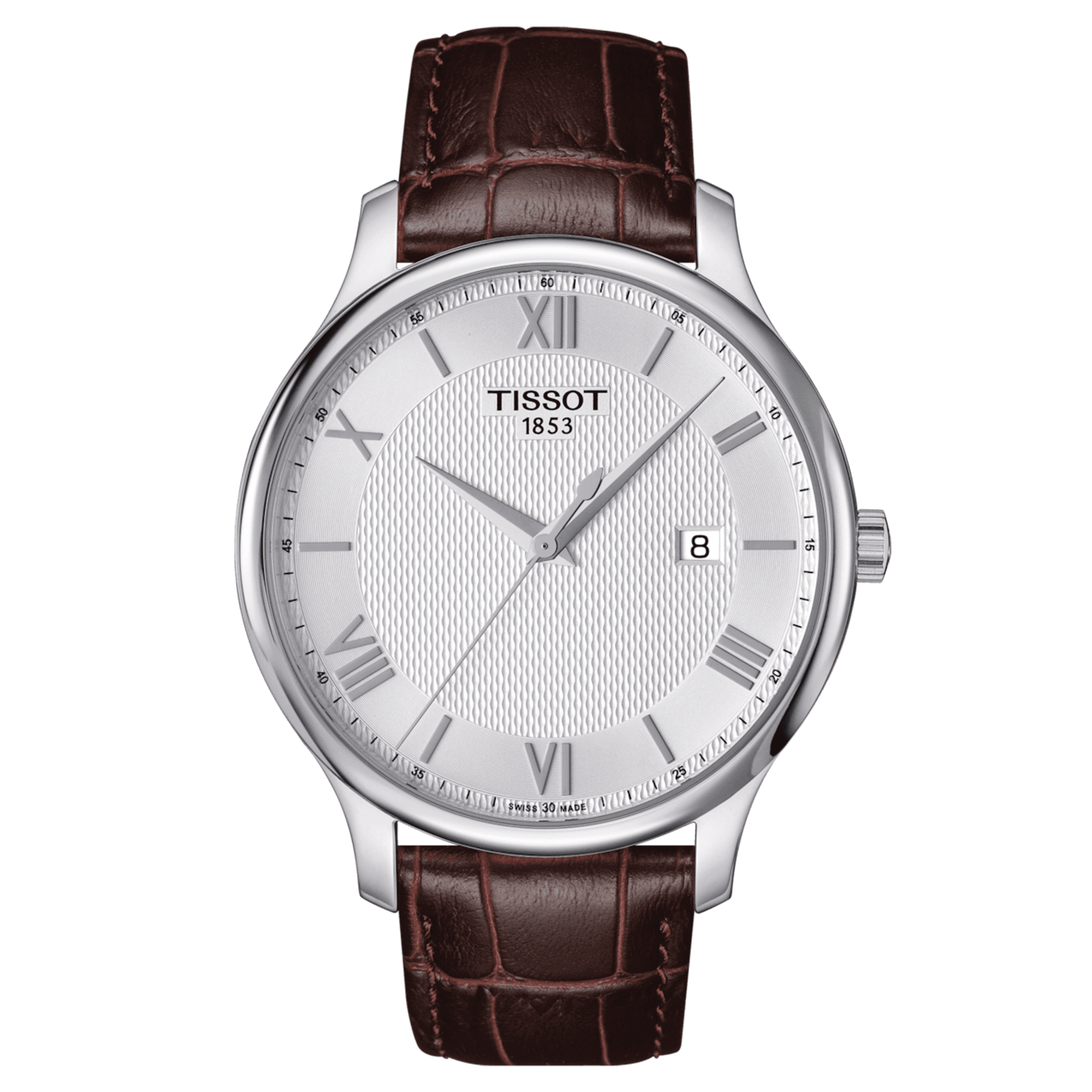 Montre Tissot T-Classic Tradition quartz cadran argent bracelet cuir brun 42 mm T063.610.16.038.00
