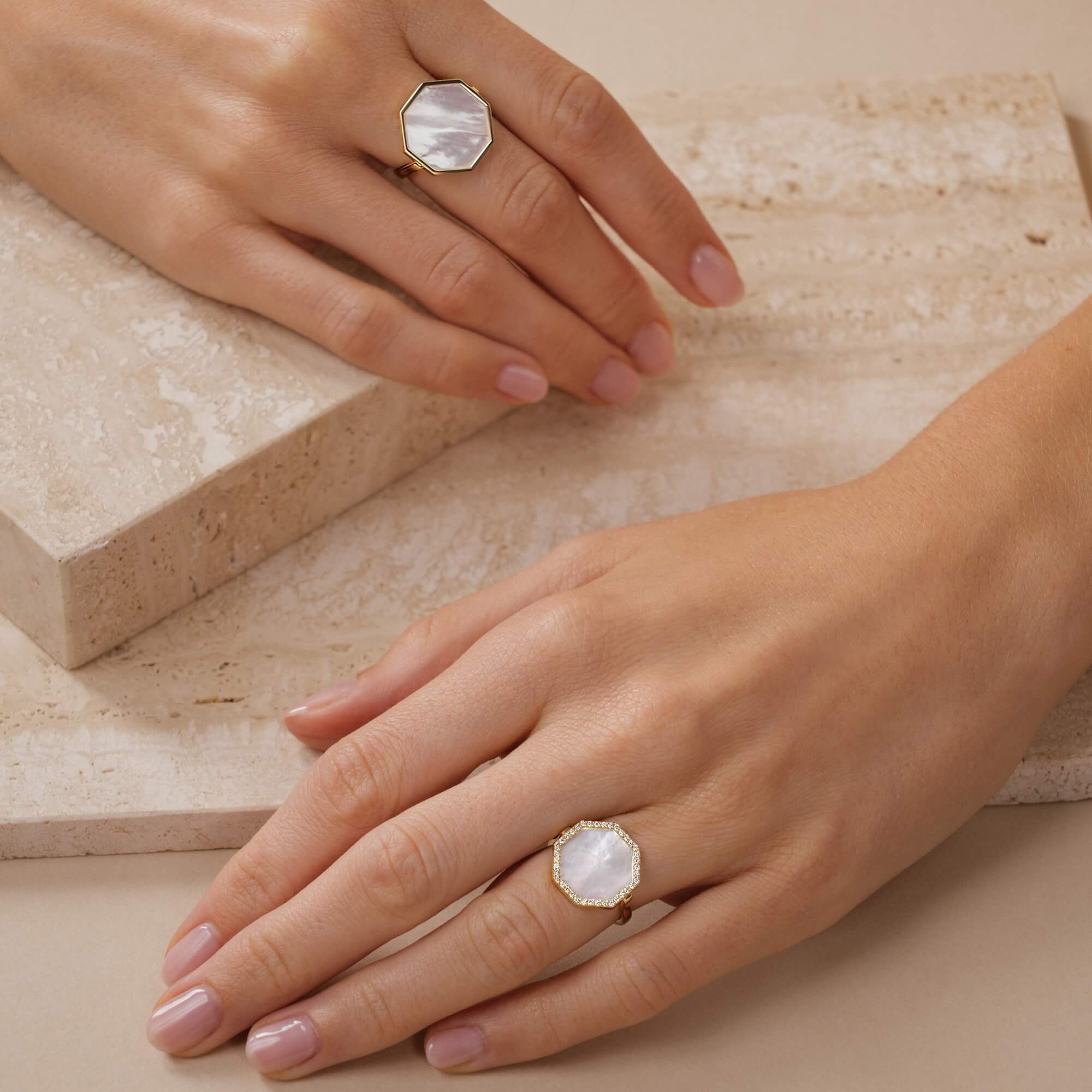 Lepage Octo ring in yellow gold and white mother of pearl
