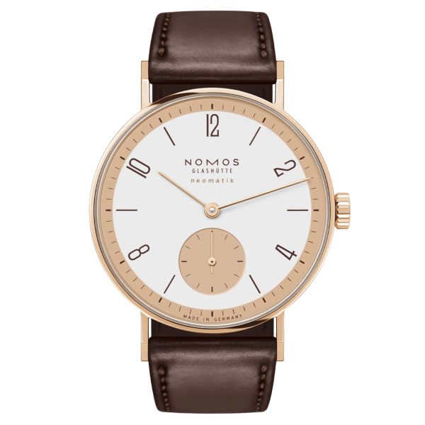 Montre Nomos Tangente Rose Gold Neomatik Edition Limitée automatique cadran blanc bracelet cuir brun 35 mm 160.S1