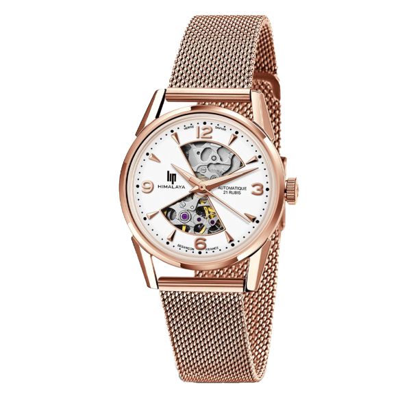 Montre Lip Himalaya Sablier automatique PVD or rose cadran blanc argenté bracelet acier en mailles milanaises 33 mm