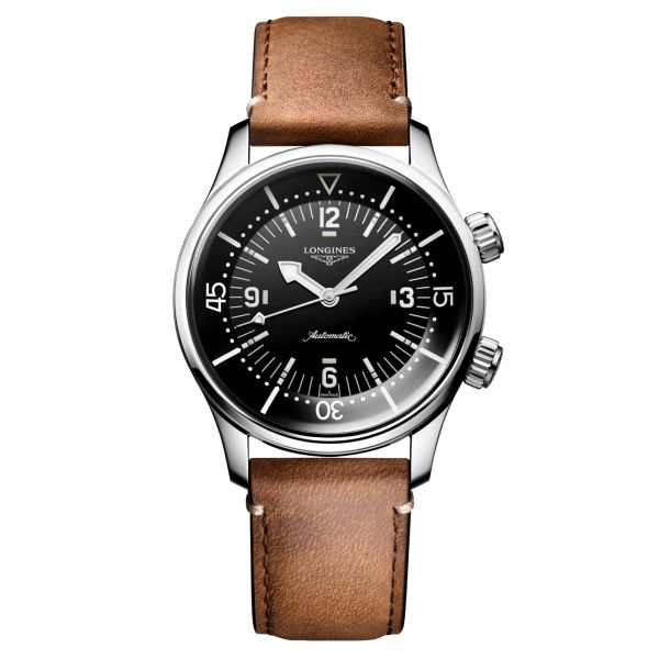 Longines Legend Diver automatic watch black dial brown leather strap 39 mm L3.764.4.50.0