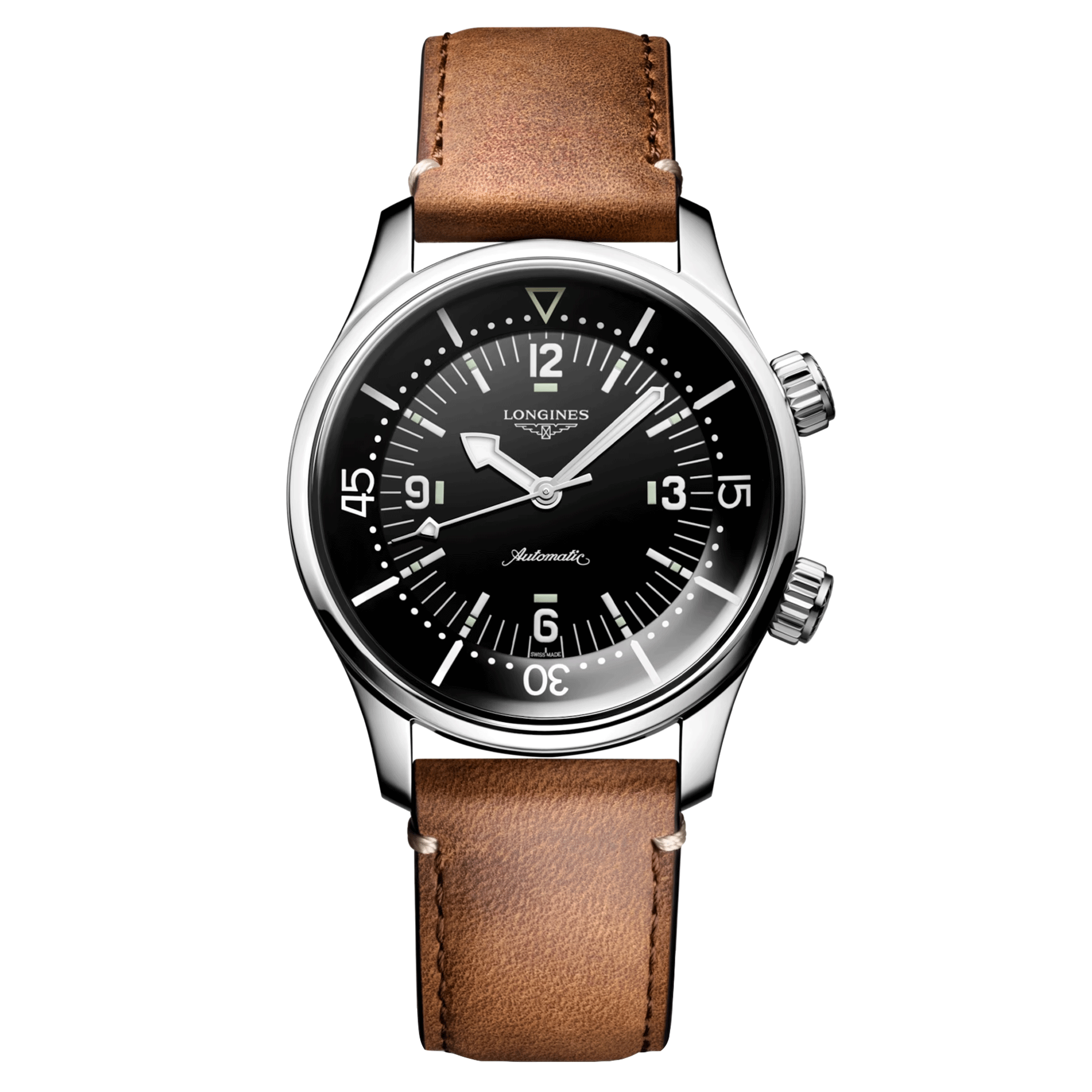 Longines Legend Diver automatic watch black dial brown leather strap 39 mm L3.764.4.50.0