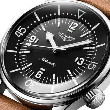 Longines Legend Diver automatic watch black dial brown leather strap 39 mm L3.764.4.50.0