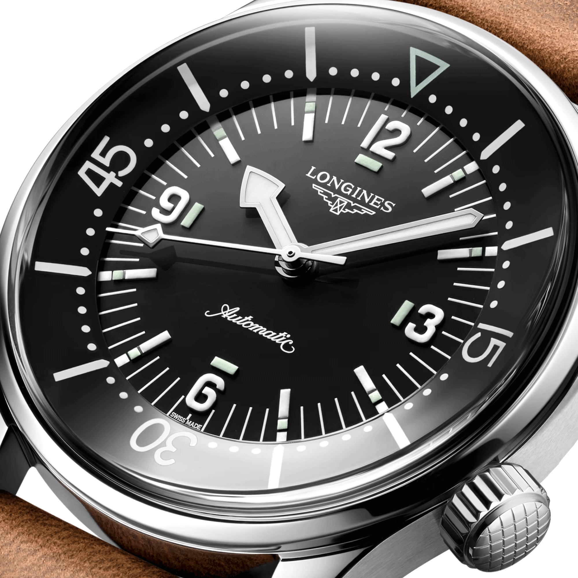 Longines Legend Diver automatic watch black dial brown leather strap 39 mm L3.764.4.50.0