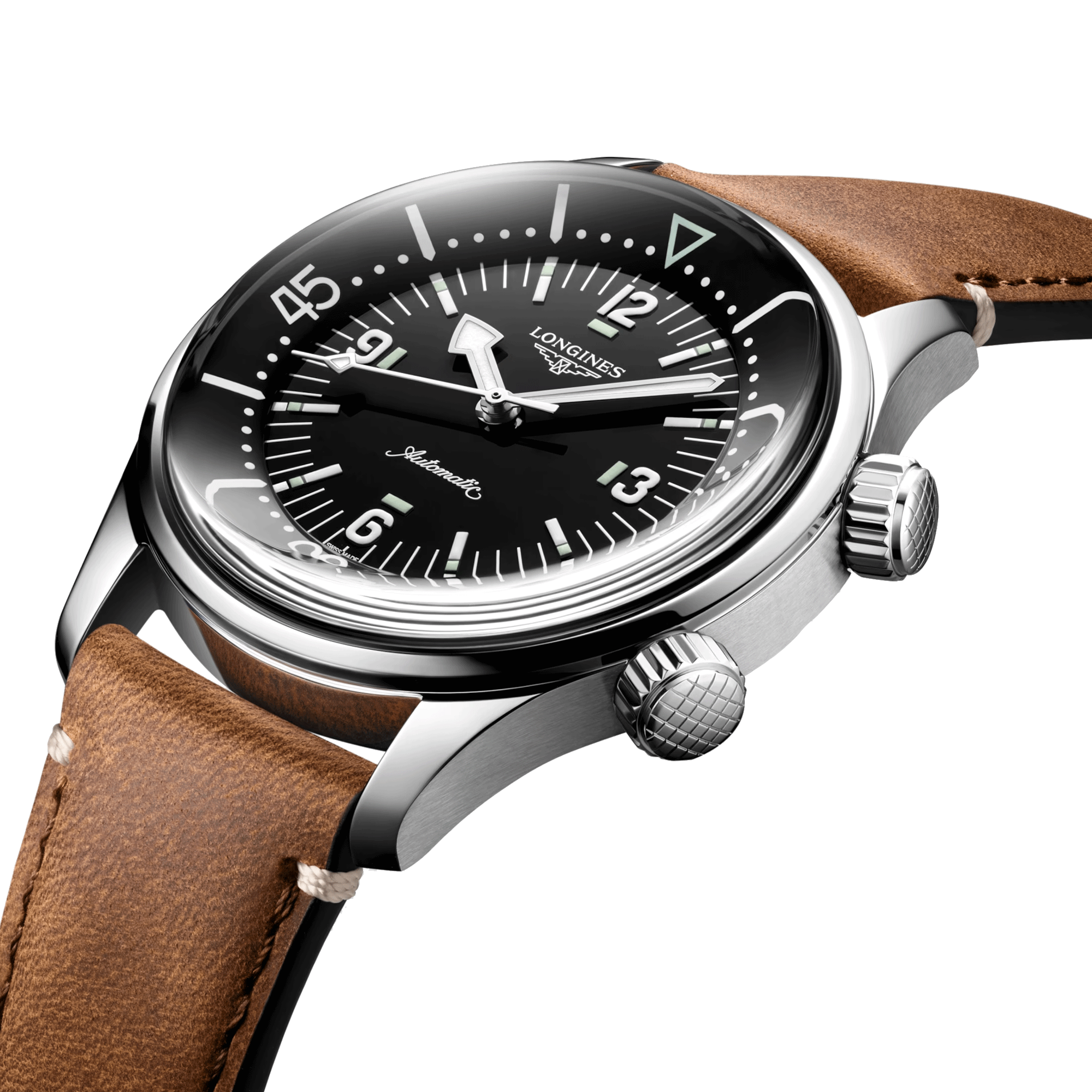 Longines Legend Diver automatic watch black dial brown leather strap 39 mm L3.764.4.50.0