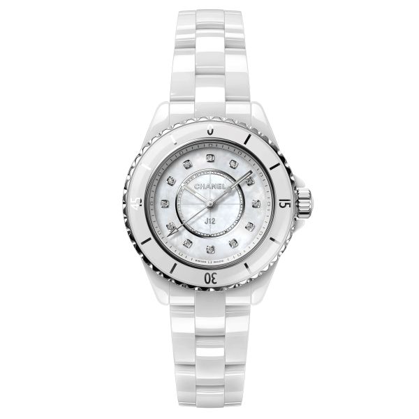 Montre CHANEL J12 cadran nacre blanche index diamants bracelet céramique haute résistance blanche 33 mm