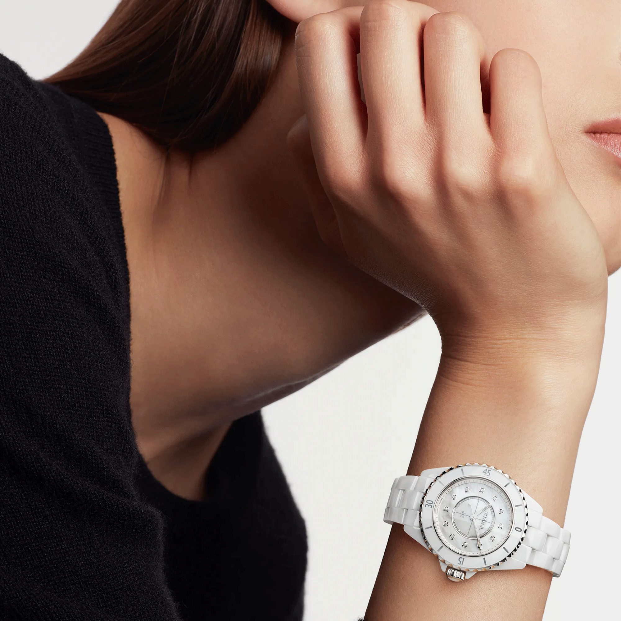 CHANEL J12 watch white mother of pearl dial diamond markers white high resistance ceramic bracelet 33 mm