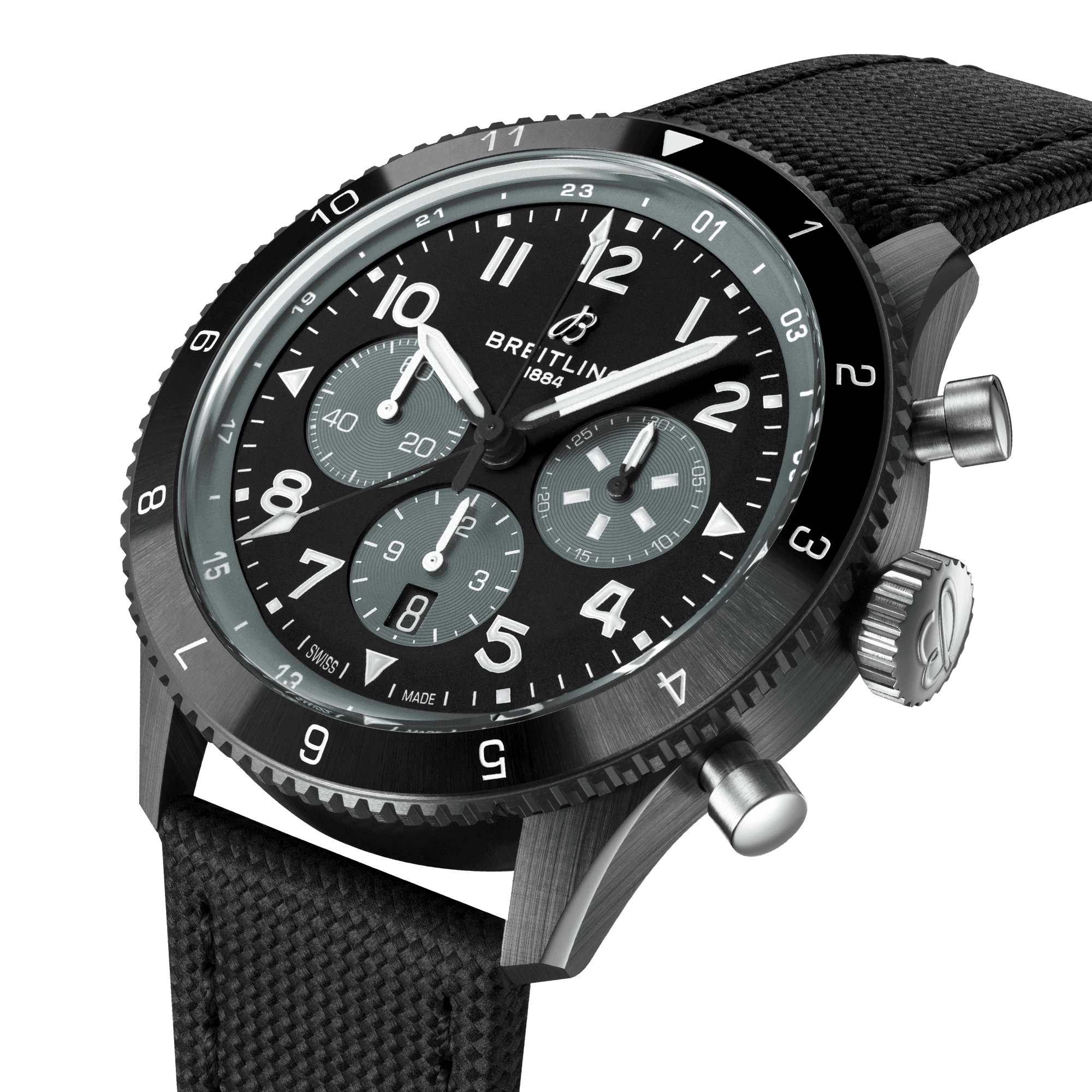 Montre Breitling Super AVI B04 Chronograph GMT Mosquito Night Fighter automatique cadran noir bracelet cuir noir 46 mm SB04451A1