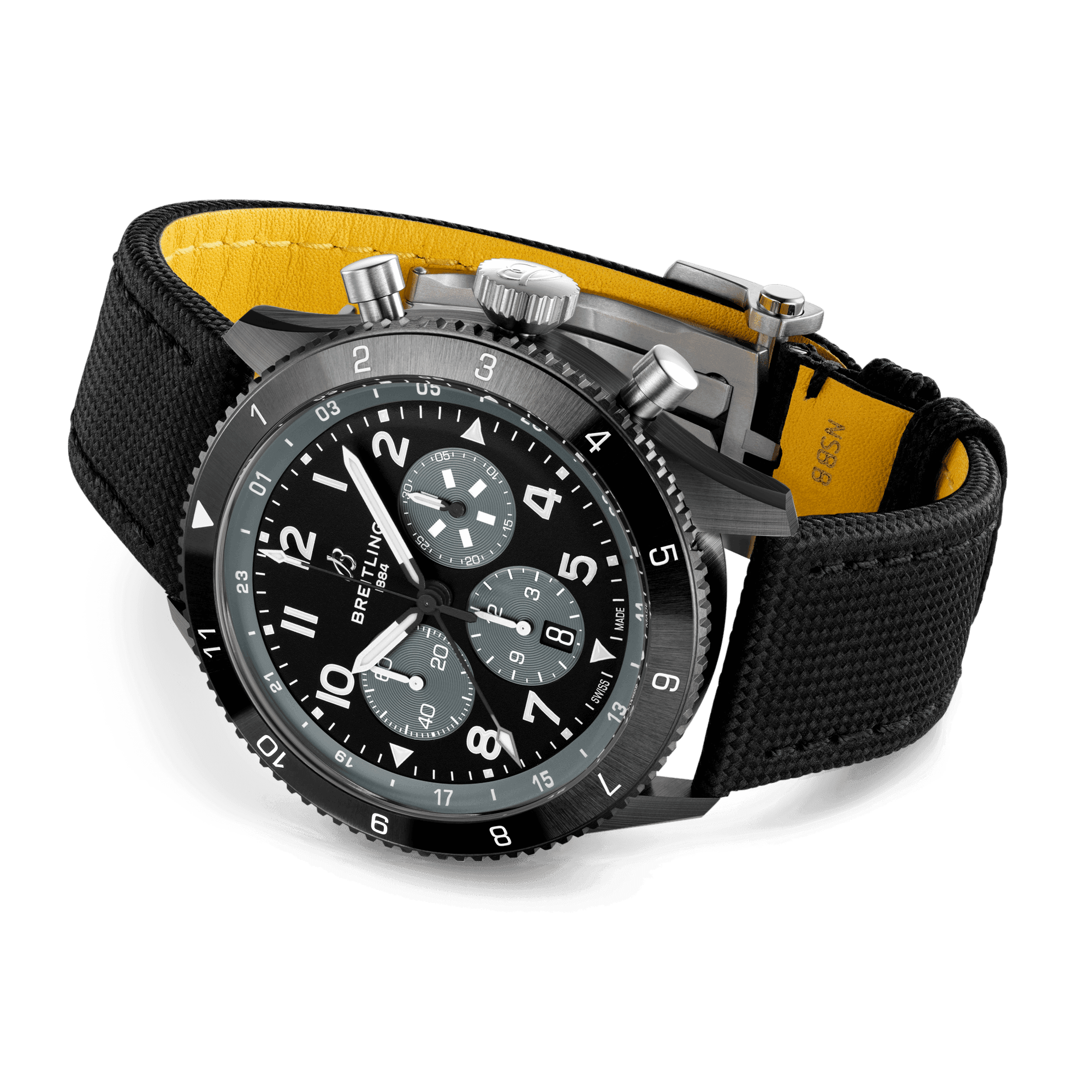 Montre Breitling Super AVI B04 Chronograph GMT Mosquito Night Fighter automatique cadran noir bracelet cuir noir 46 mm SB04451A1