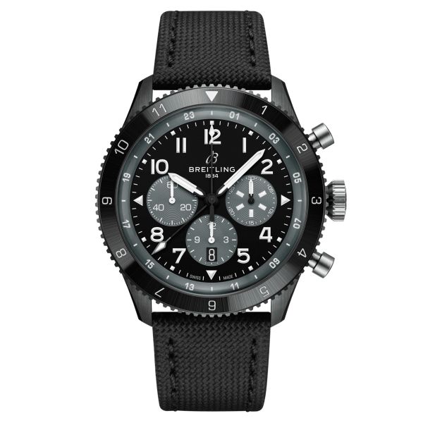 Breitling Super AVI B04 Chronograph GMT Mosquito Night Fighter automatic black dial black leather strap 46 mm