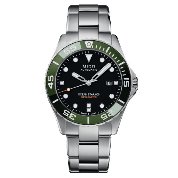 Mido Ocean Star 600 Chronometer COSC automatic watch green bezel black dial steel bracelet 43.5 mm