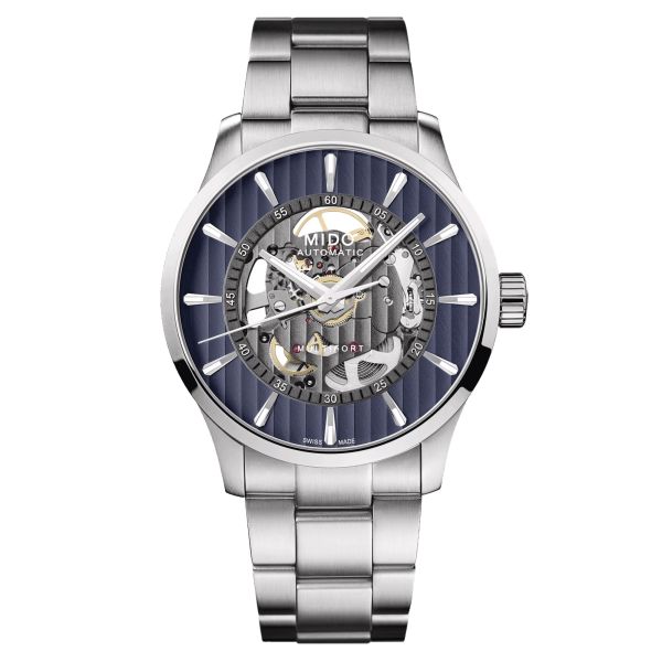 Montre Mido Multifort Skeleton Vertigo automatique cadran squelette bleu bracelet acier 42 mm M038.436.11.041.00