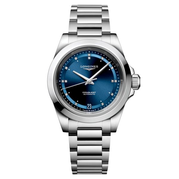 Montre Longines Conquest 2023 automatique index diamants cadran bleu bracelet acier 34 mm L3.430.4.97.6