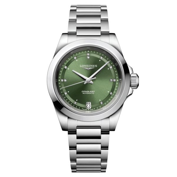 Longines Conquest 2023 automatic watch diamond index green dial steel bracelet 34 mm