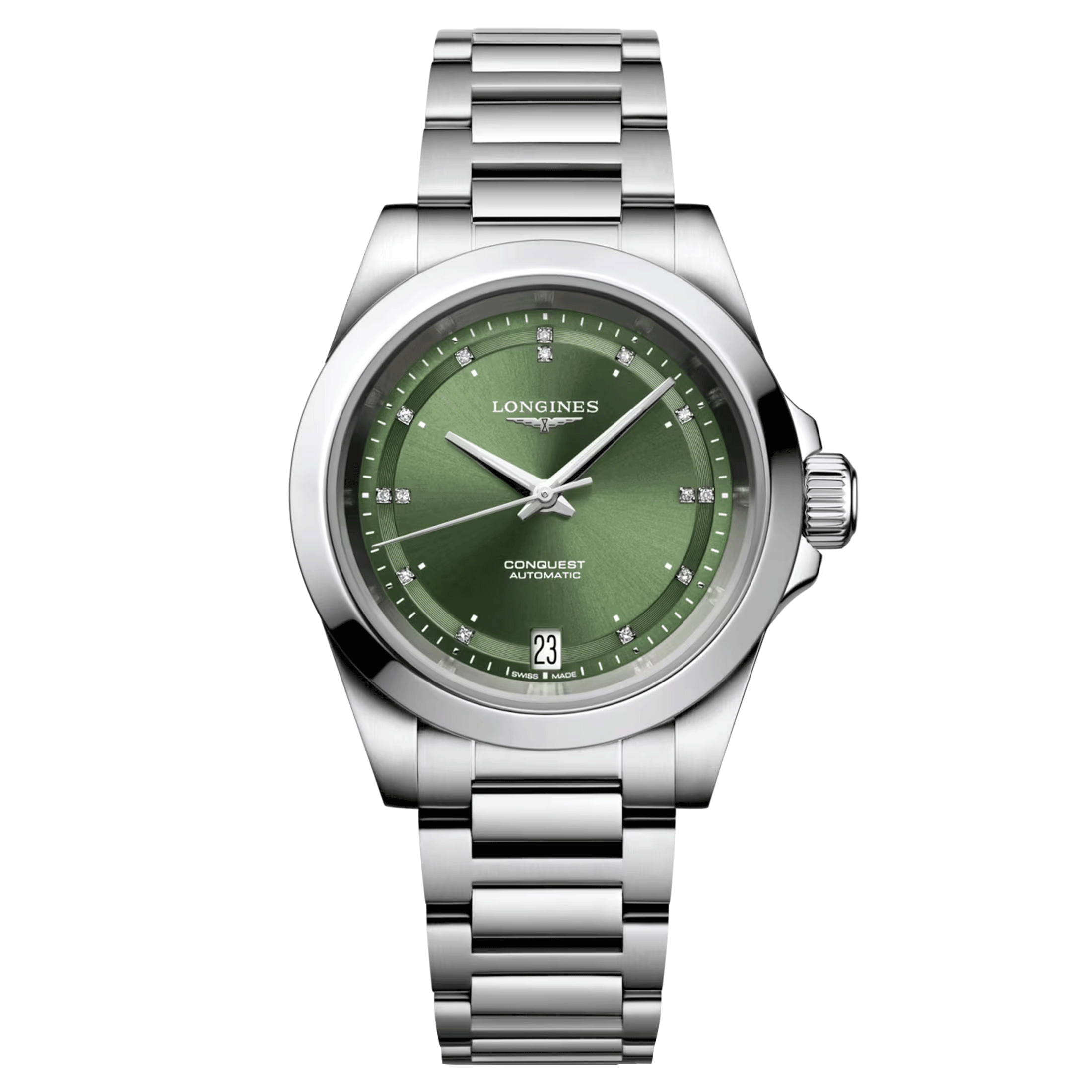 Montre Longines Conquest 2023 automatique index diamants cadran vert bracelet acier 34 mm L3.430.4.07.6