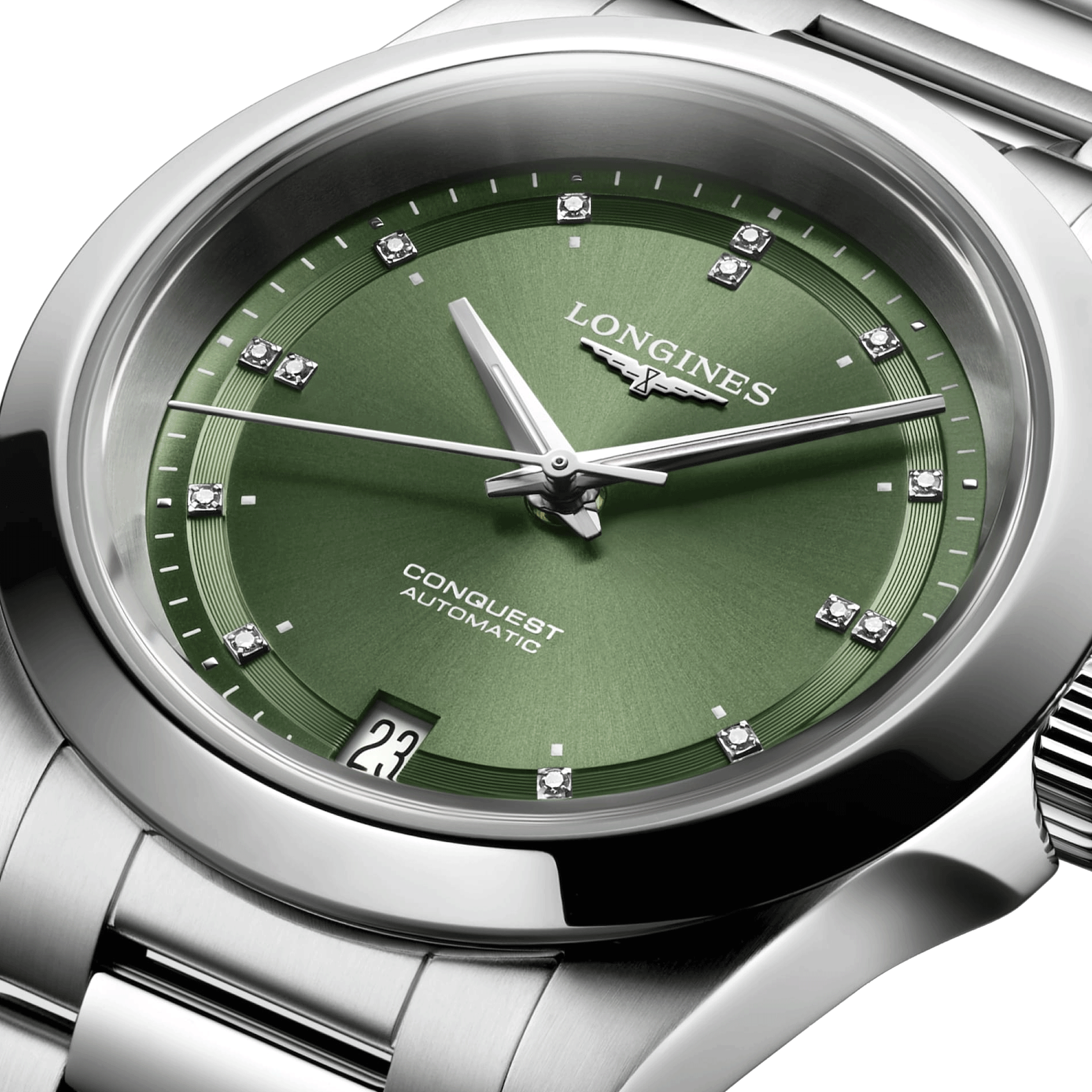 Longines Conquest 2023 automatic watch diamond index green dial steel bracelet 34 mm