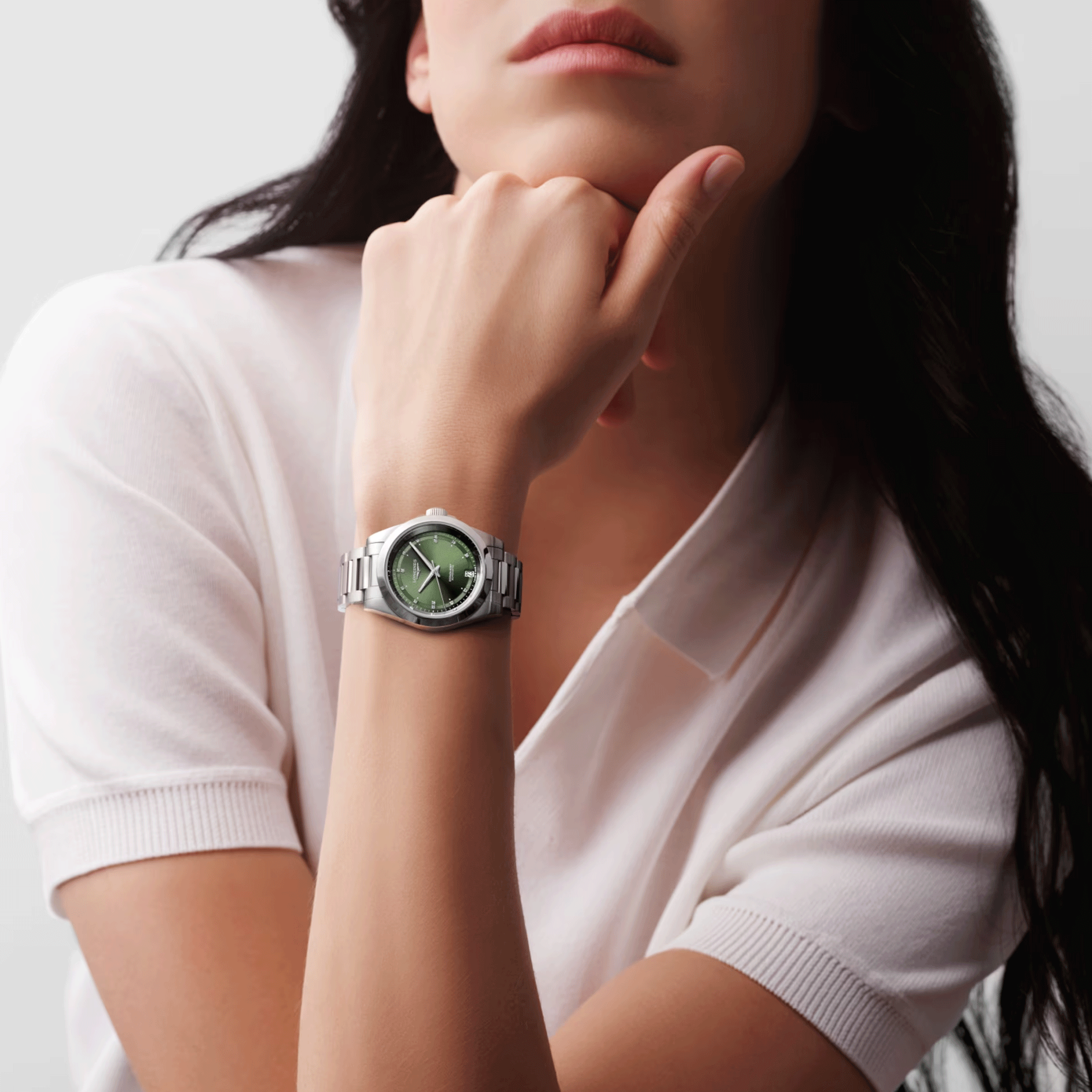 Montre Longines Conquest 2023 automatique index diamants cadran vert bracelet acier 34 mm L3.430.4.07.6