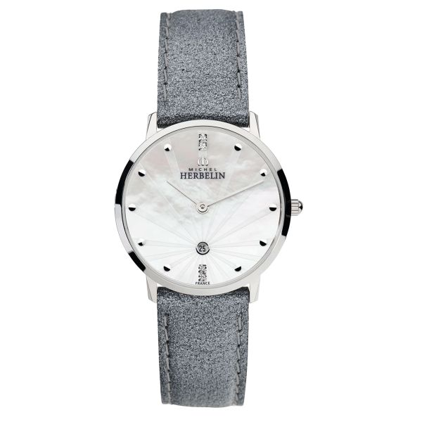 Michel Herbelin City quartz watch white mother-of-pearl dial leather strap 30,50 mm