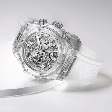 Hublot Big Bang Unico Sapphire watch skeleton dial white rubber bracelet 42 mm
