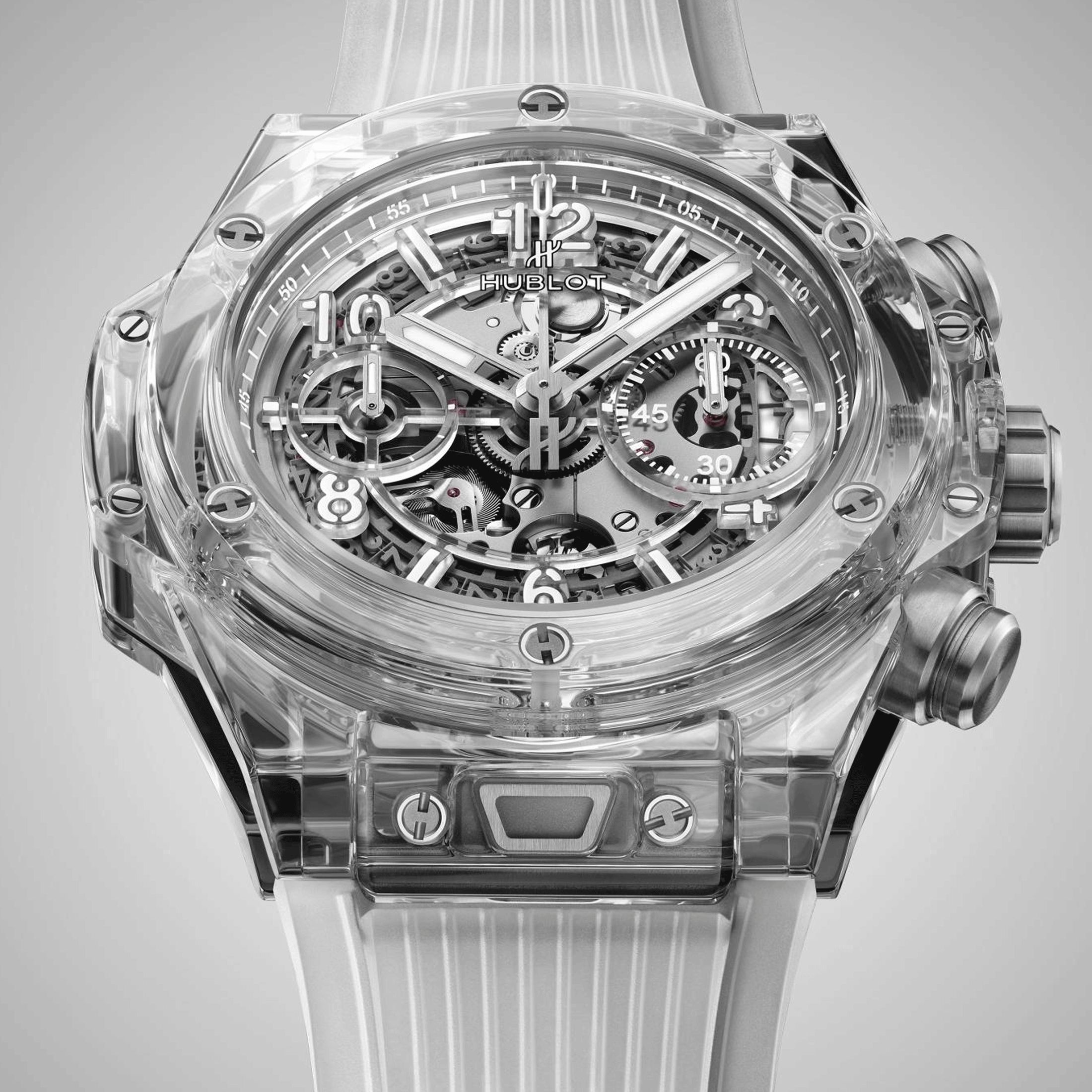 Hublot Big Bang Unico Sapphire watch skeleton dial white rubber bracelet 42 mm