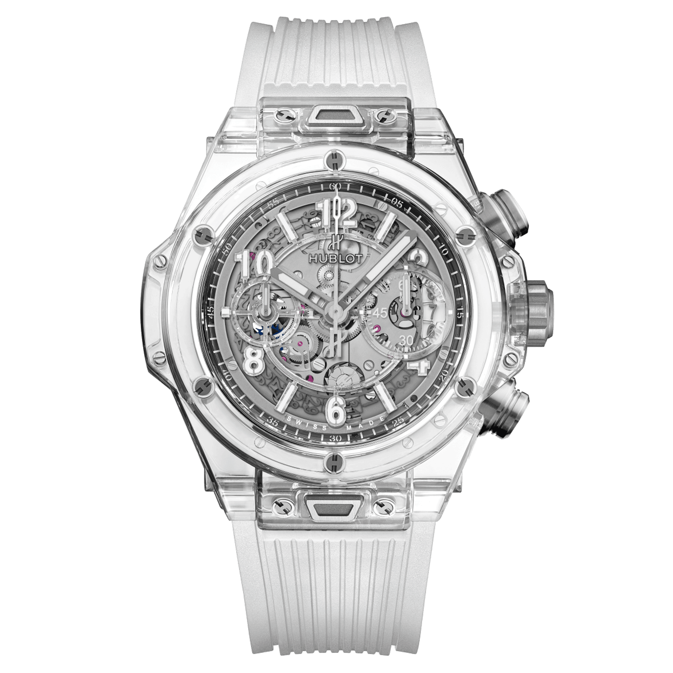 Hublot Big Bang Unico Sapphire watch skeleton dial white rubber bracelet 42 mm