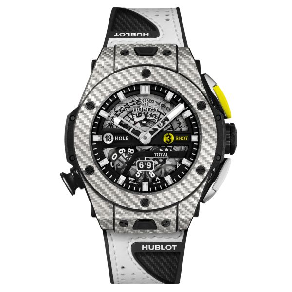 Montre Hublot Big Bang Unico Golf automatique cadran squelette bracelet caoutchouc noir et cuir blanc 45 mm 416.YS.1120.VR