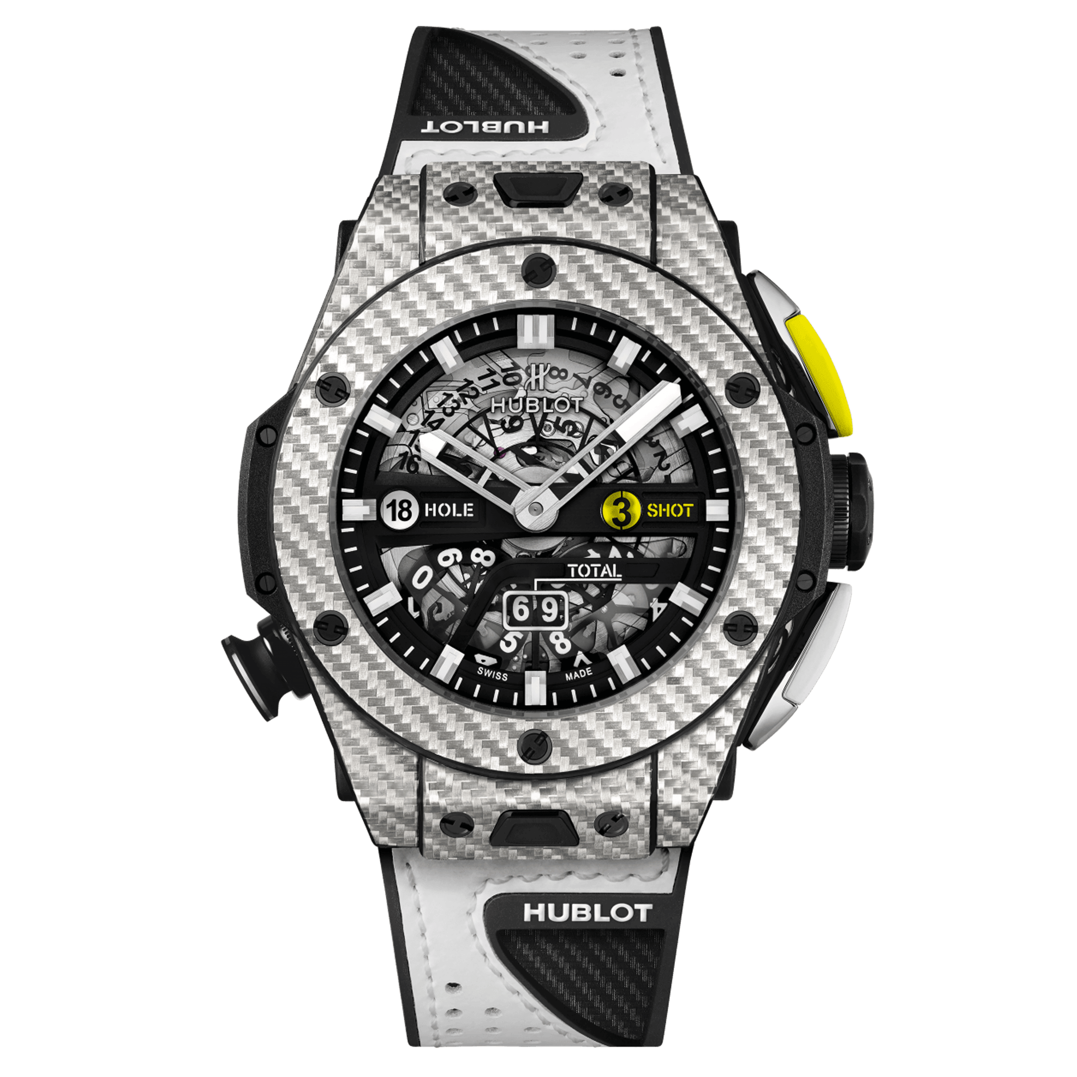 Montre Hublot Big Bang Unico Golf automatique cadran squelette bracelet caoutchouc noir et cuir blanc 45 mm 416.YS.1120.VR