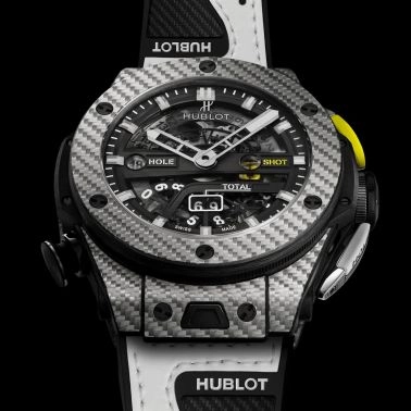 Montre Hublot Big Bang Unico Golf automatique cadran squelette bracelet caoutchouc noir et cuir blanc 45 mm 416.YS.1120.VR