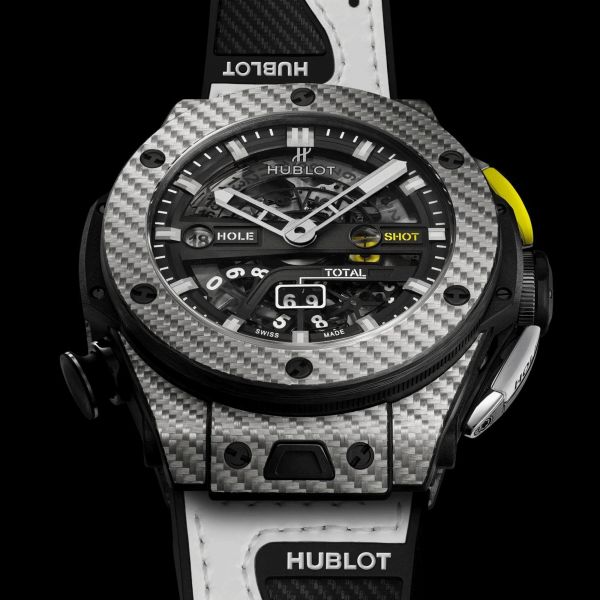 Montre Hublot Big Bang Unico Golf automatique cadran squelette bracelet caoutchouc noir et cuir blanc 45 mm 416.YS.1120.VR