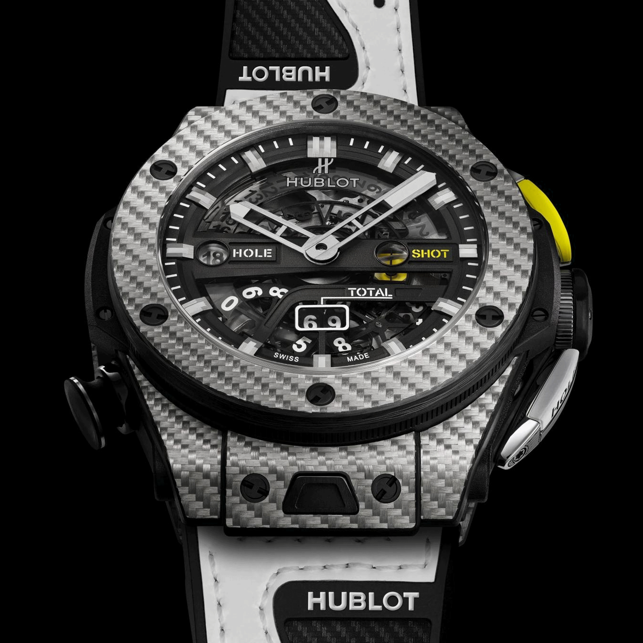 Montre Hublot Big Bang Unico Golf automatique cadran squelette bracelet caoutchouc noir et cuir blanc 45 mm 416.YS.1120.VR