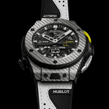 Montre Hublot Big Bang Unico Golf automatique cadran squelette bracelet caoutchouc noir et cuir blanc 45 mm 416.YS.1120.VR
