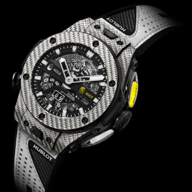 Montre Hublot Big Bang Unico Golf automatique cadran squelette bracelet caoutchouc noir et cuir blanc 45 mm 416.YS.1120.VR