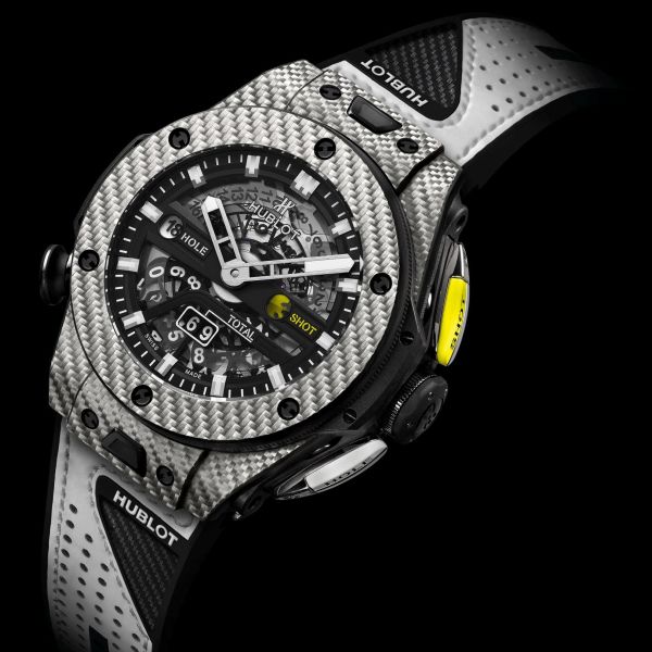 Montre Hublot Big Bang Unico Golf automatique cadran squelette bracelet caoutchouc noir et cuir blanc 45 mm 416.YS.1120.VR