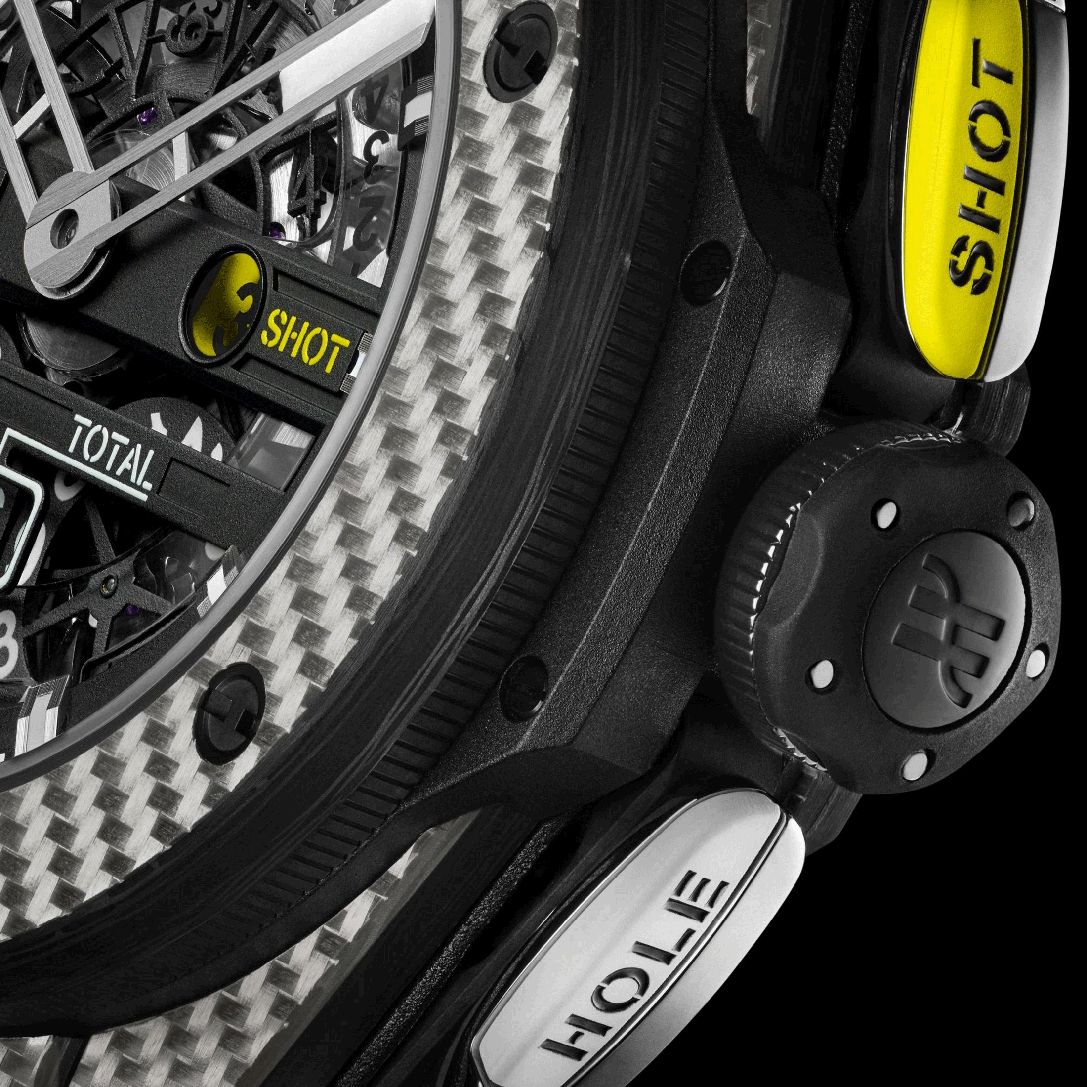 Montre Hublot Big Bang Unico Golf automatique cadran squelette bracelet caoutchouc noir et cuir blanc 45 mm 416.YS.1120.VR