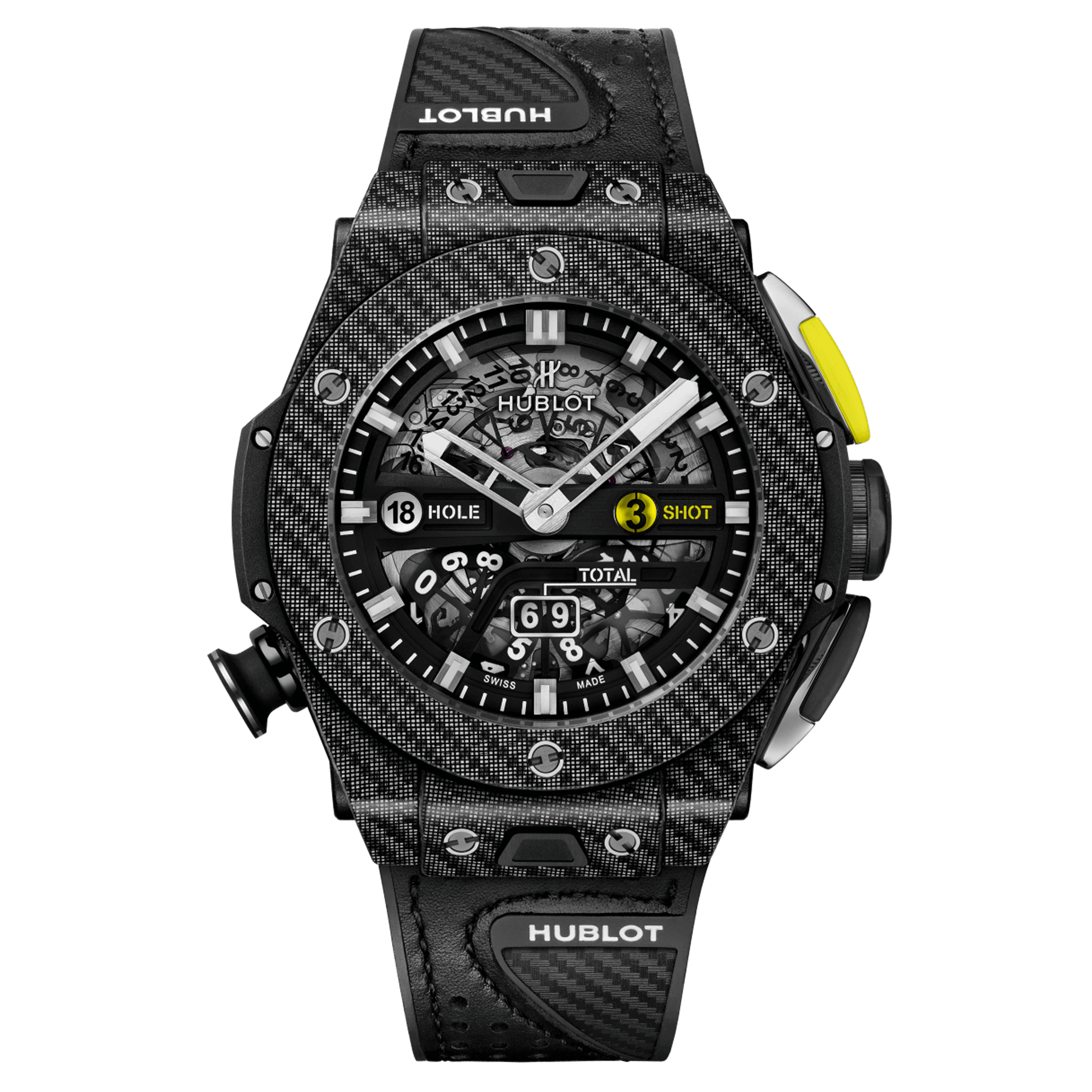 Montre Hublot Big Bang Unico Golf Black Carbon automatique cadran squelette bracelet caoutchouc noir et cuir blanc 45 mm 416.YT.