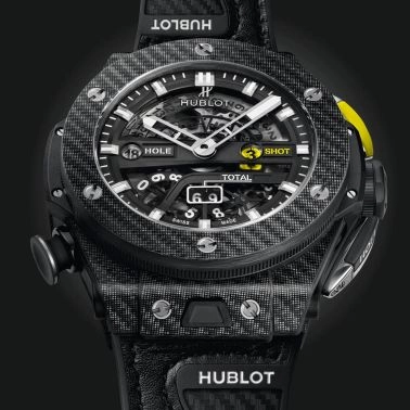 Montre Hublot Big Bang Unico Golf Black Carbon automatique cadran squelette bracelet caoutchouc noir et cuir blanc 45 mm 416.YT.