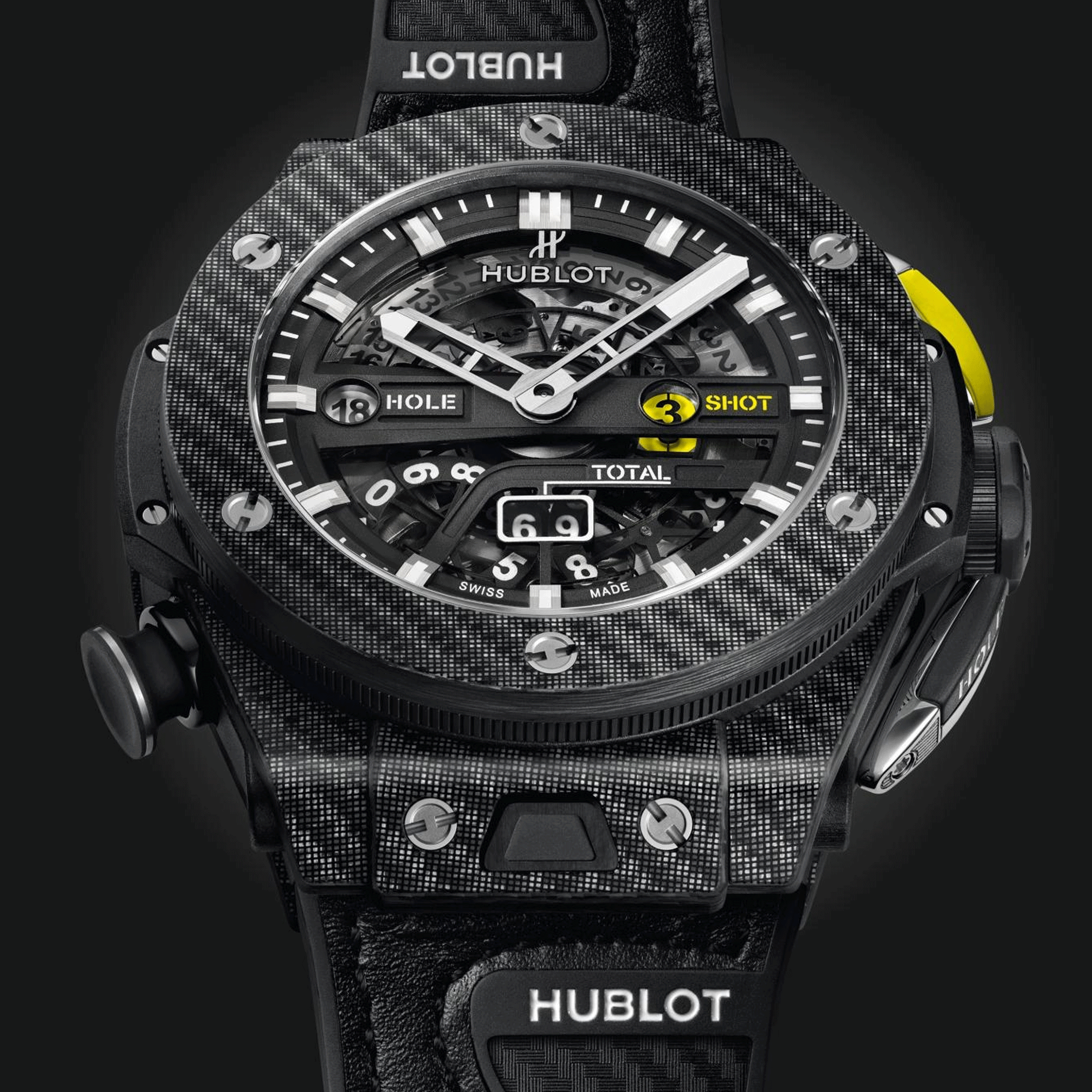 Hublot Big Bang Unico Golf Black Carbon automatic watch skeleton dial black rubber strap and white leather 45 mm 416.YT.1120.VR