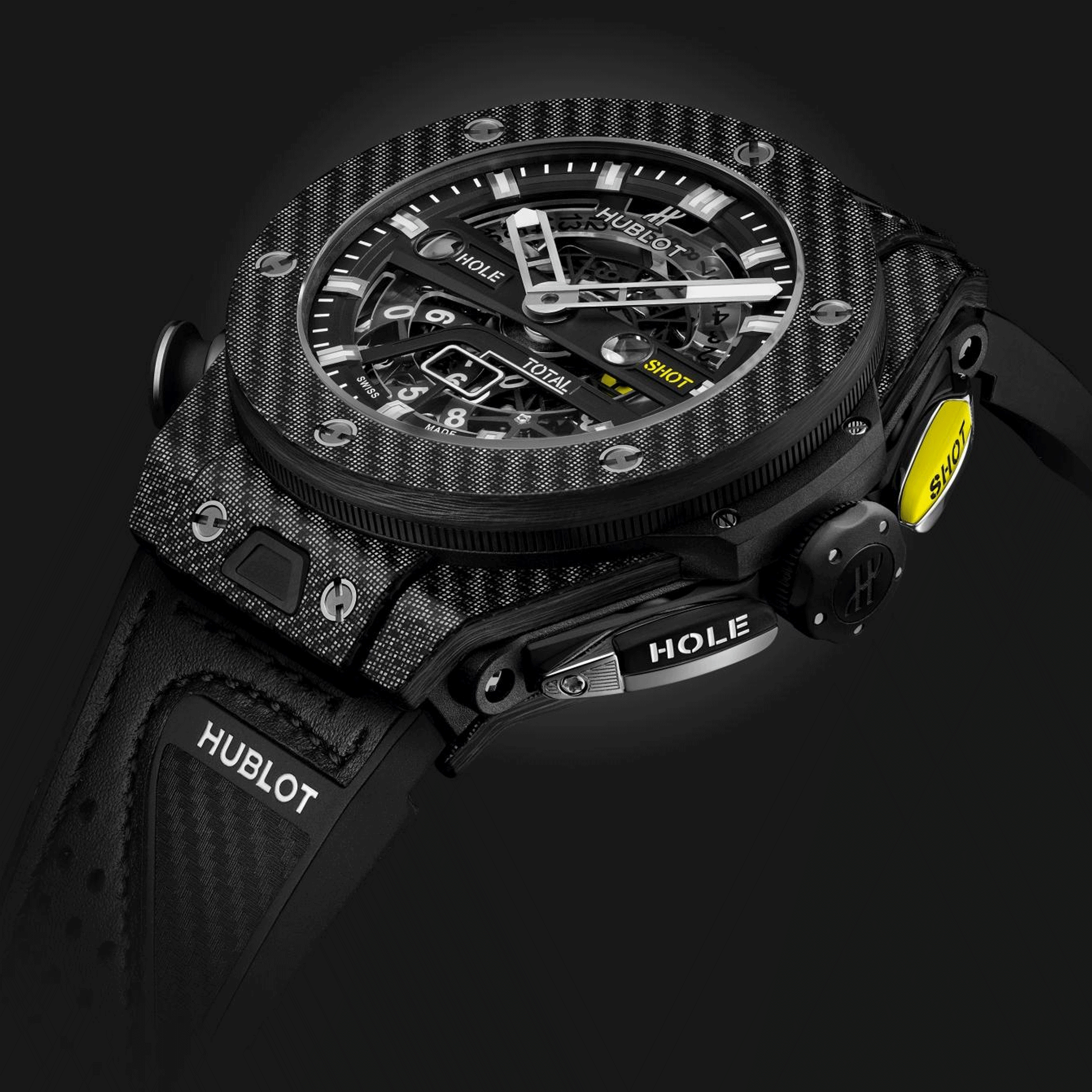 Montre Hublot Big Bang Unico Golf Black Carbon automatique cadran squelette bracelet caoutchouc noir et cuir blanc 45 mm 416.YT.