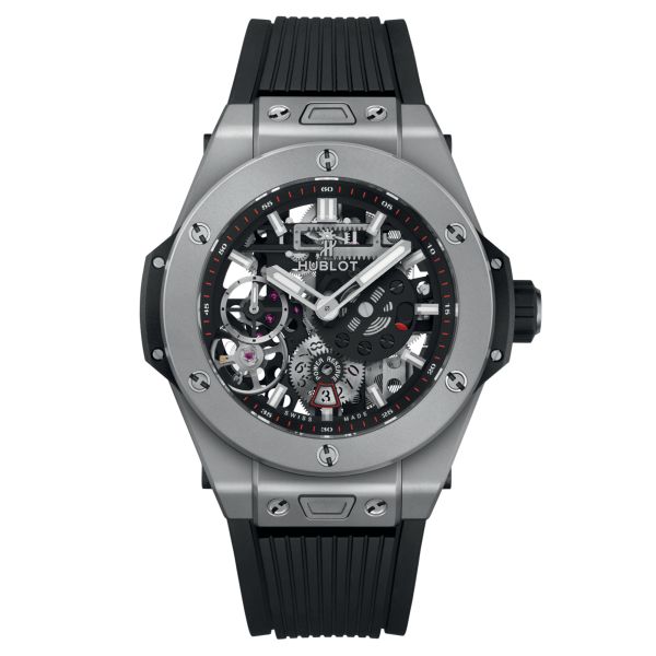 Montre Hublot Big Bang Meca-10 Titanium mécanique cadran squelette bracelet caoutchouc noir 45 mm 414.NI.1123.RX