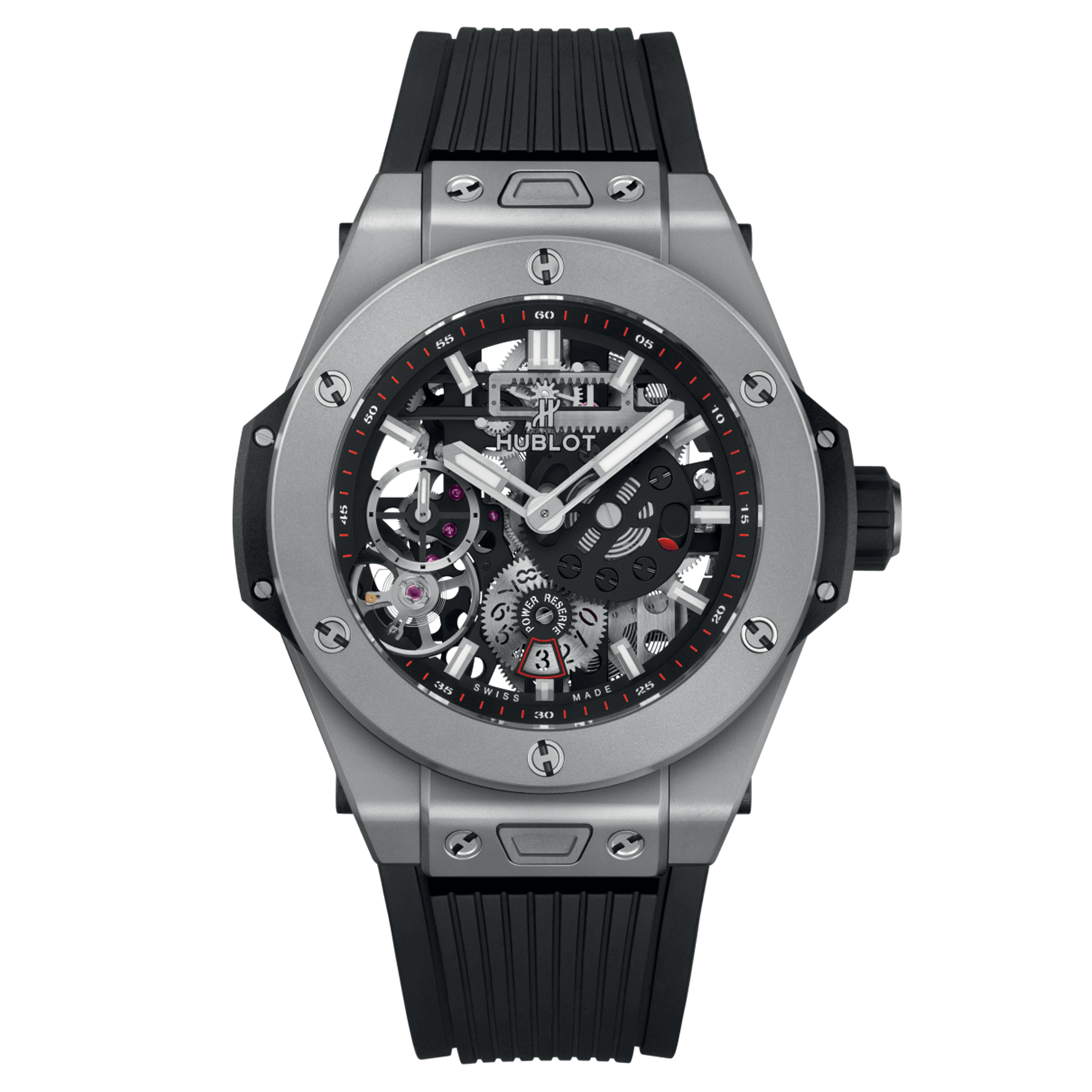 Montre Hublot Big Bang Meca-10 Titanium mécanique cadran squelette bracelet caoutchouc noir 45 mm 414.NI.1123.RX
